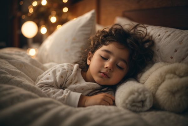 Barn med mørkt hår og krøller, der ligger og sover med sin junior kugledyne med blødt lyst betræk og lyskæde der glimter i baggrunden