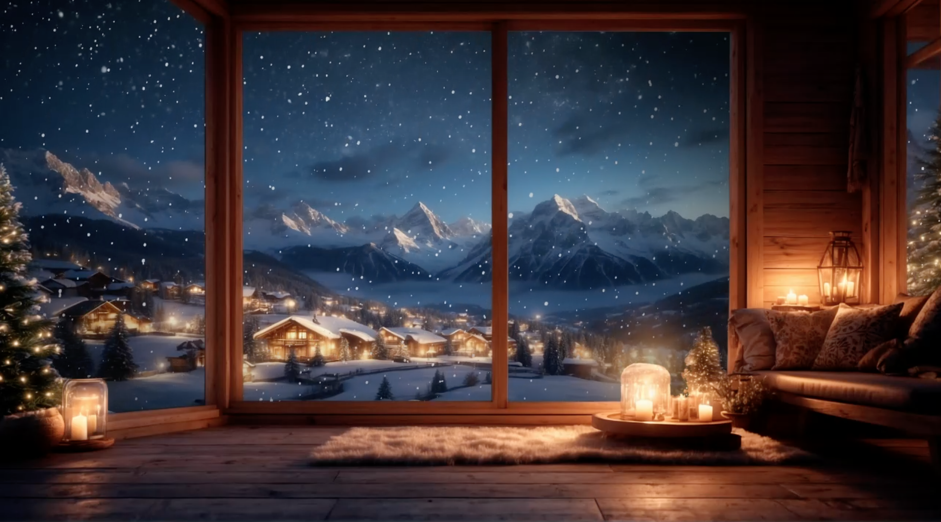 Stemingen fra en hyggelig bjælkehytte med udsigt over Østrigske sneklædte bjerge, mens sneen daler udenfor, der er mørkt, men lyset fra husene lyser op. Stuen er hyggelig med juletræ og levende lys – og de store vinduer viser de smukke omgivelser. Brugt til baggrunden på videoen, med Pomodoro 25/5 timer med piano musik i baggrunden – 25 min. arbejde og 5 minutters pause. Kan også bruges af dig.
